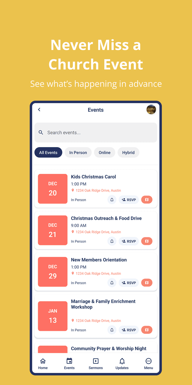 Churchease mobile app events and calendar view