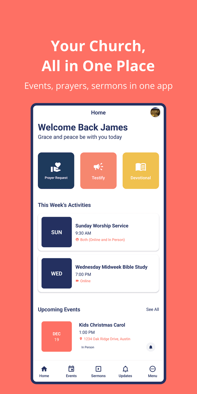 Churchease mobile app home dashboard showing giving, events, and member features